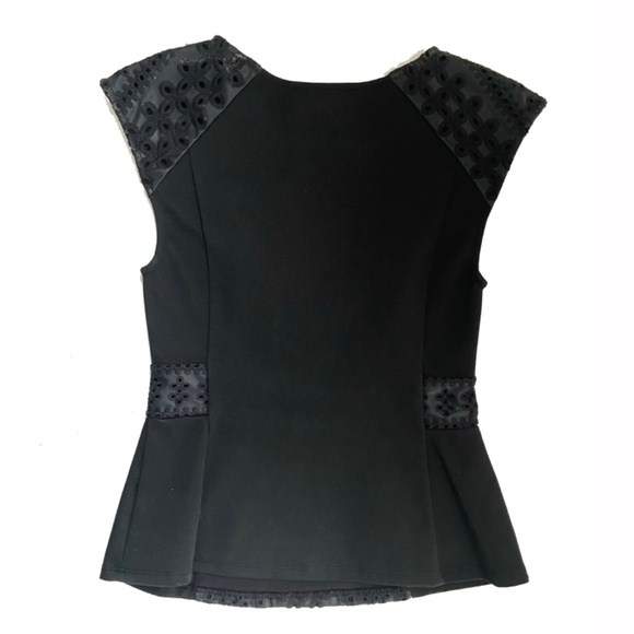NWT BCBGMaxAzria Black Peplum Embroidered Faux Leather Top, Size XXS - Picture 3 of 6
